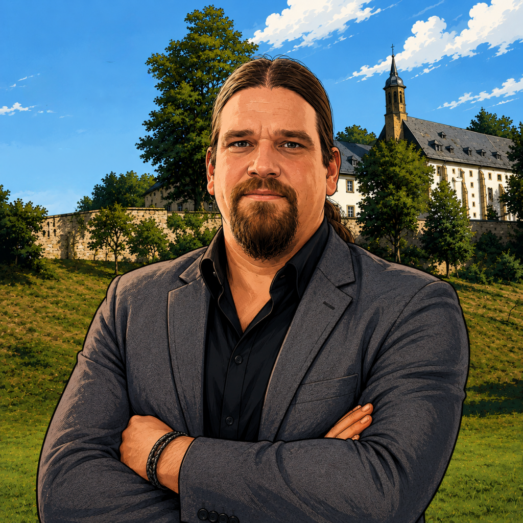 KI-generierte Illustration von Joe Schwarz aus Heidelberg mit Bezügen zu Eventmanagement, Musik, Ehrenamt und der Stadt Heidelberg
